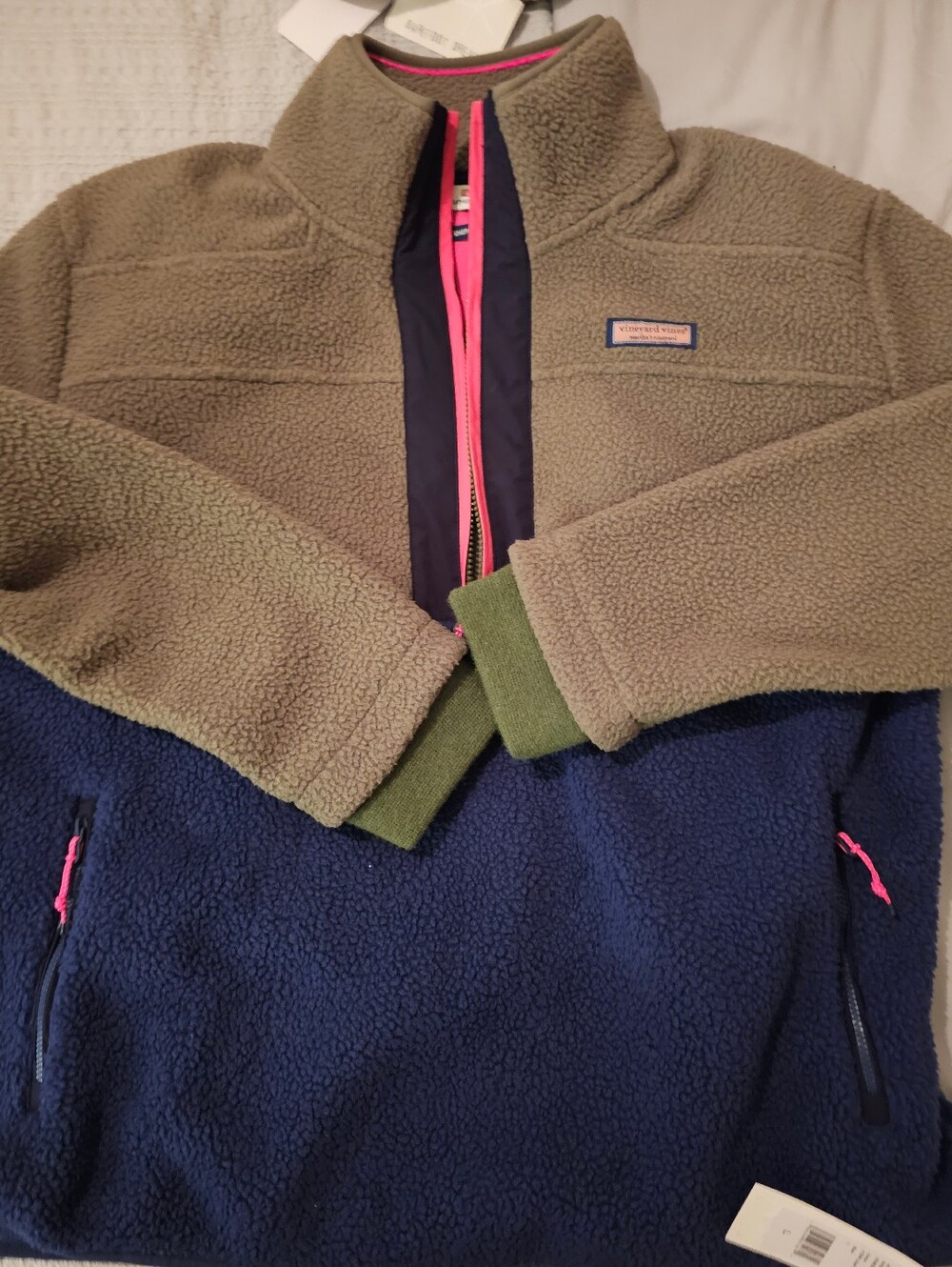Vineyard Vines Two-Tone Sherpa Pullover - Olive, Navy & Pink Accents